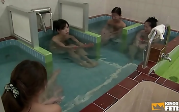 Japanese babes take a shower and get fingered by a pervert guy