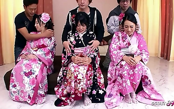 Rare Japanese Orgy with three cute JAV Teens with Hairy Pussy