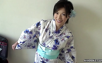 Japanese brunette kimono lady  Saki Aoyama  cock sucking,uncensored.